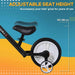 A Balance Training Bike with Removable Stabilisers’ adjustable seat height feature (33-38 cm) is highlighted. The background is blue and yellow, and the text reads, "Accompany your kids' growth for years of use – ADJUSTABLE HEIGHT SEAT." The Balance Training Bike with Removable Stabilisers by HOMCOM has large white back wheels, perfect for balance training bike sessions.