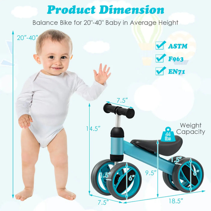 Blue Baby Balance Bike – 4 Wheels | Steel Frame and 135° Steering Limit Ages 1–2 COSTWAY - Little and Giant Explorers Costway