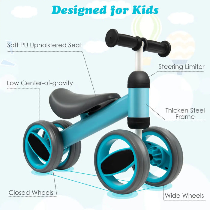 Blue Baby Balance Bike – 4 Wheels | Steel Frame and 135° Steering Limit Ages 1–2 COSTWAY - Little and Giant Explorers Costway