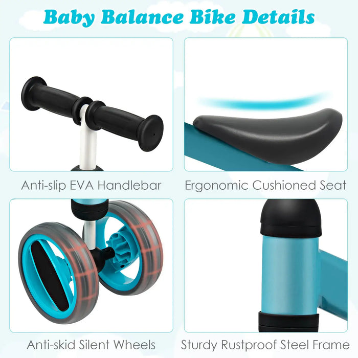 Blue Baby Balance Bike – 4 Wheels | Steel Frame and 135° Steering Limit Ages 1–2 COSTWAY - Little and Giant Explorers Costway