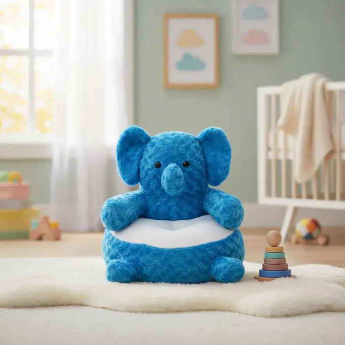 Blue plush elephant chair in a plush playroom