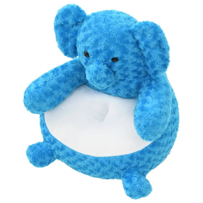 Blue plush elephant with a white center on a white background