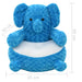 Blue plush elephant chair with dimensions on a white background