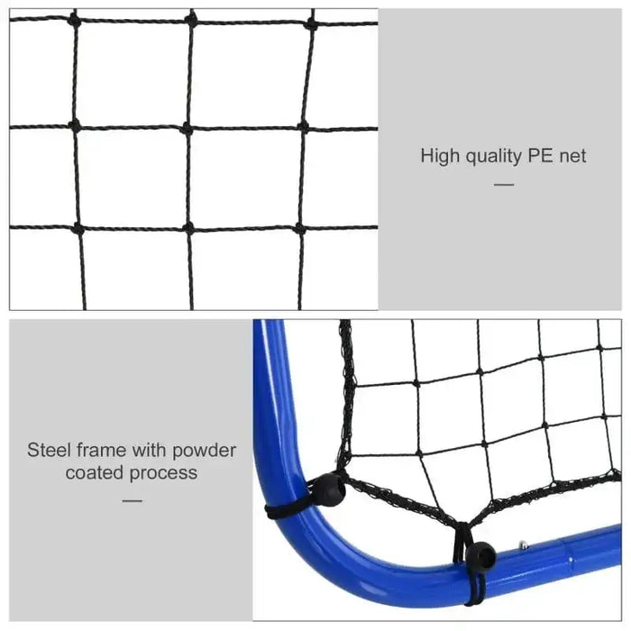 Close-up of PE mesh net and blue powder-coated steel frame on a football rebounder