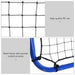 Close-up of PE mesh net and blue powder-coated steel frame on a football rebounder