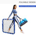 Woman carrying blue football rebounder net and bag, showcasing foldable sports equipment