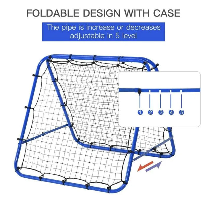 Blue adjustable football rebounder net with steel frame, foldable design, and five levels