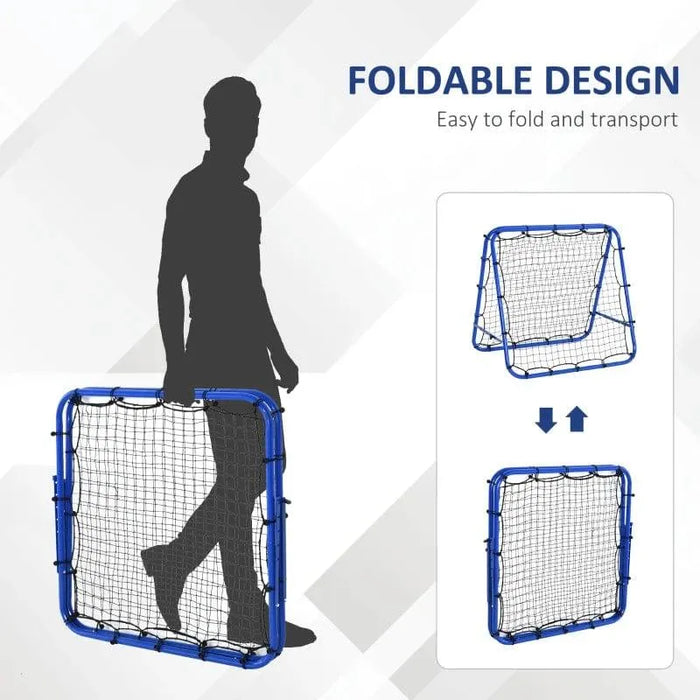 Blue foldable football rebounder net with steel frame shown being carried and folded