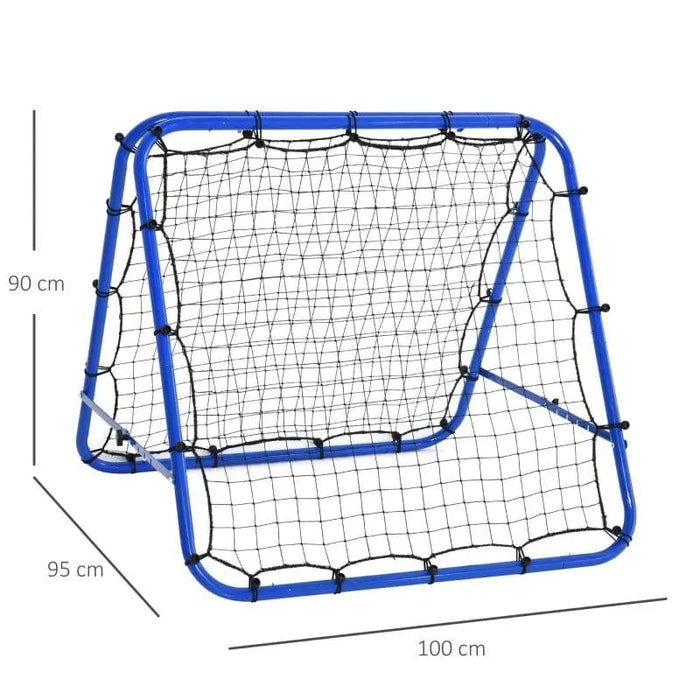 Blue adjustable football rebounder net with steel frame and PE mesh, 100x90cm