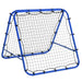 Blue football rebounder net with steel frame and PE mesh, 100x90cm, on white background