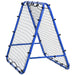 Blue adjustable football rebounder net with steel frame and PE mesh, angled design