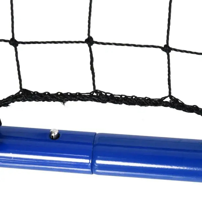 Close-up of blue steel frame and black PE mesh net on football rebounder.