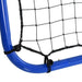 Close-up of blue steel frame football rebounder net with black PE mesh.