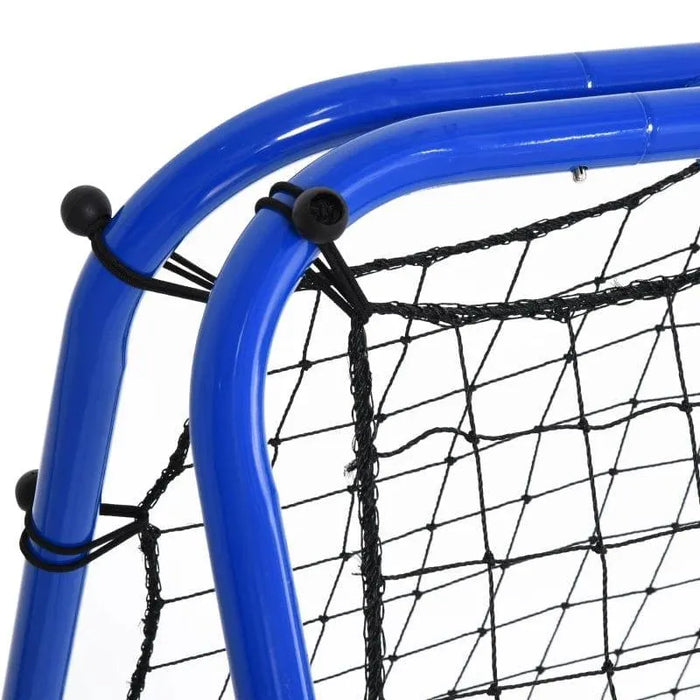 Close-up of blue steel football rebounder net frame with black PE mesh netting.