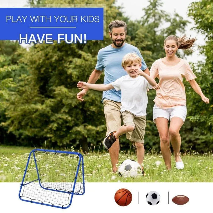 Family playing soccer outdoors with blue football rebounder net and various sports balls shown