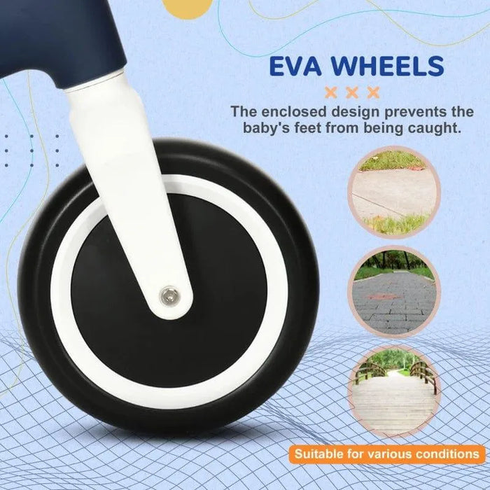 Close-up of a kids balance bike EVA wheel with text highlighting safety and multi-surface use.