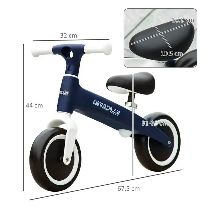 Blue kids balance bike with adjustable seat, lightweight frame, and measurement labels