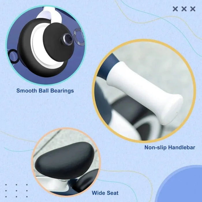 Blue kids balance bike features smooth ball bearings, non-slip handlebar, wide seat