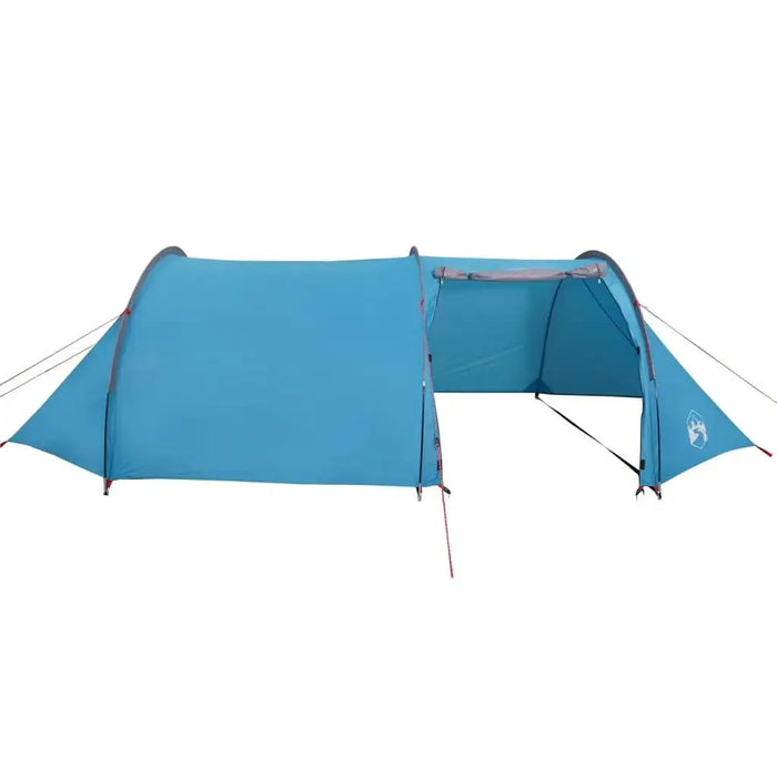 Blue taffeta camping tent for 4 persons with open front, tunnel design, and guy lines