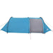Blue taffeta camping tent for 4 persons with gray door, pitched on white background