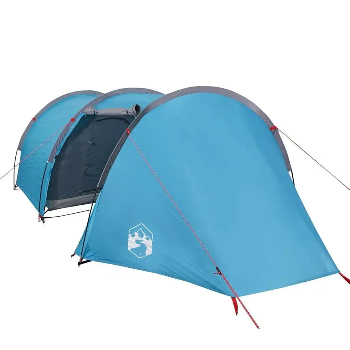 Blue taffeta 4-person camping tent with gray trim and logo, set up on white background