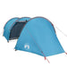 Blue taffeta 4-person camping tent with gray trim and logo, set up on white background