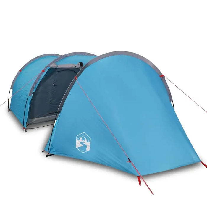 Blue taffeta camping tent for 4 persons with logo, pitched on white background