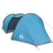 Blue taffeta camping tent for 4 persons with logo, pitched on white background