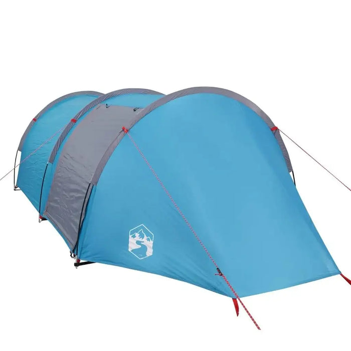 Blue taffeta 4-person camping tent with gray accents and logo on white background