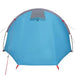 Blue taffeta 4-person camping tent with guy lines and gray top panel
