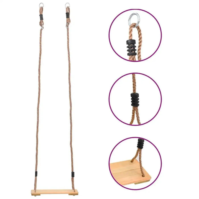Solid pinewood board swing with adjustable height ropes and metal hooks, close-up details shown.