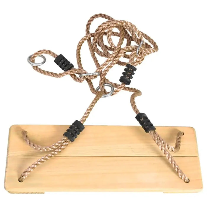 Solid pinewood board swing with adjustable rope and metal rings for outdoor play