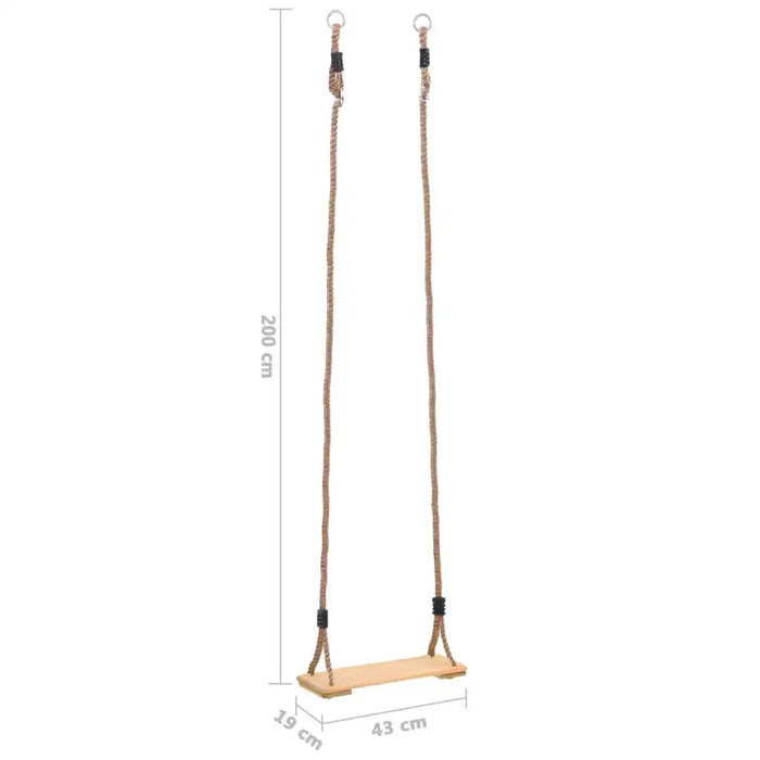 Solid pinewood board swing with rope, adjustable height, dimensions shown
