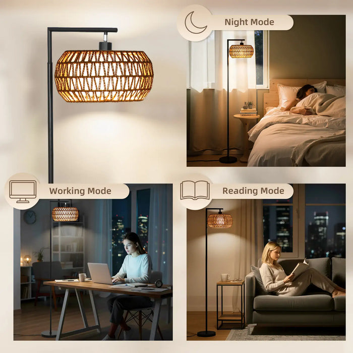 Boho LED floor lamp with woven rattan shade in night, working, and reading modes in cozy home settings