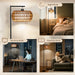 Boho LED floor lamp with woven rattan shade in night, working, and reading modes in cozy home settings