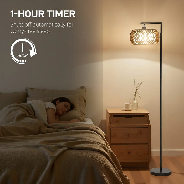 Boho LED floor lamp with remote and 1-hour auto shutoff timer next to bedside table in cozy bedroom