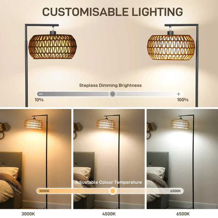 Boho LED floor lamp with woven shade showing customizable stepless dimming brightness and adjustable colour temperature from 3000K to 6500K