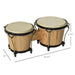 Natural wood bongo drum set with sheepskin heads and tuning wrench, classic duo design