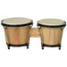 Natural wood bongo drum set with sheepskin heads and metal tuning hardware