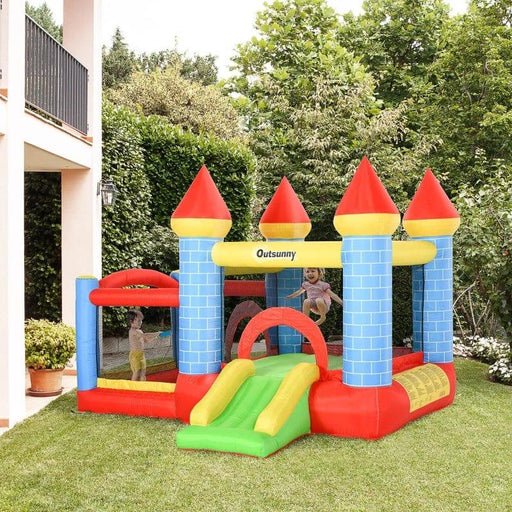 Bounce Castle with Trampoline, Slide and Pool Basket with Blower - Little and Giant Explorers Outsunny