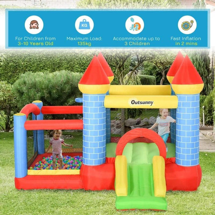 Bounce Castle with Trampoline, Slide and Pool Basket with Blower - Little and Giant Explorers Outsunny