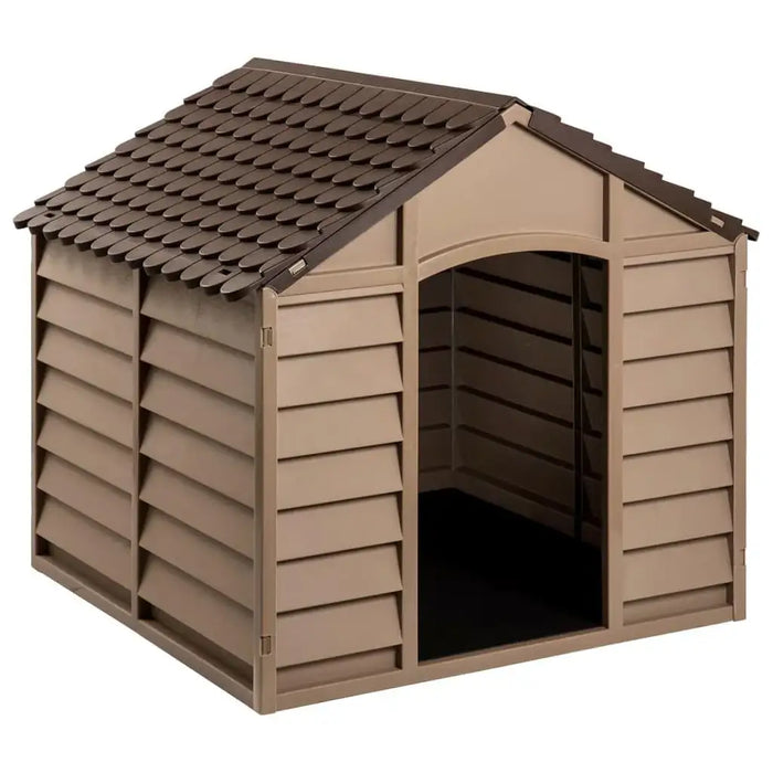 Brown classic plastic dog house with weather-resistant roof, outdoor kennel design