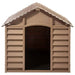 Brown plastic dog house with pitched roof, weather-resistant outdoor kennel design