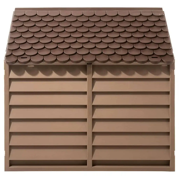 Brown plastic dog house with weather-resistant louvered panels and shingle-style roof