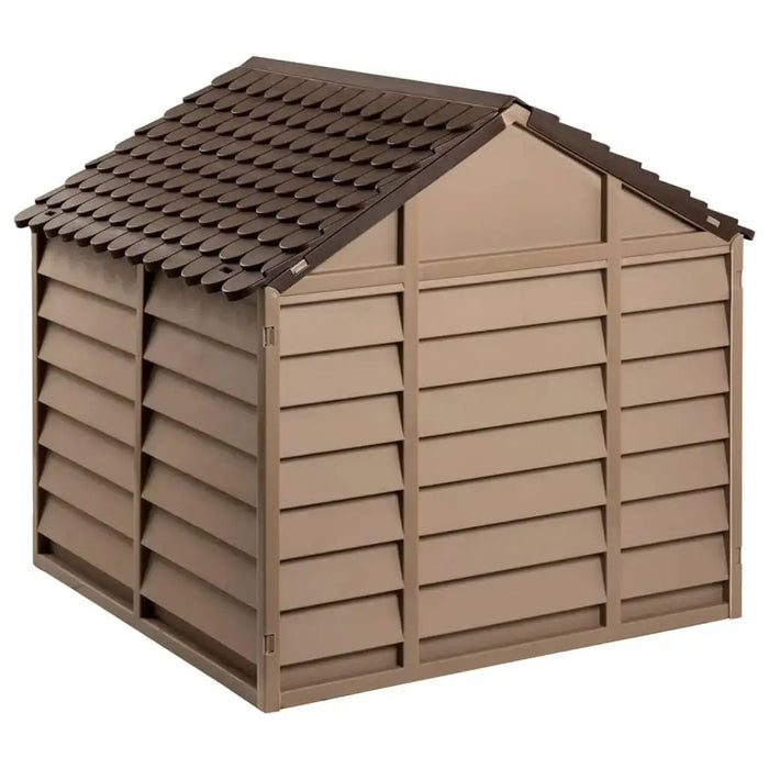 Brown classic plastic dog house with weather-resistant slatted panels and dark roof