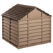 Brown classic plastic dog house with weather-resistant slatted panels and dark roof