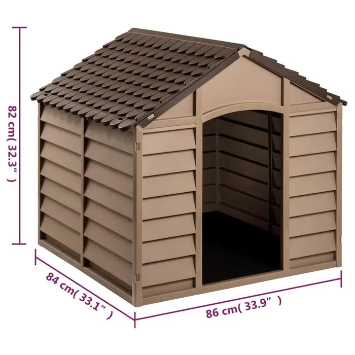 Brown plastic outdoor dog house with sloped roof, weather-resistant kennel, 82x84x86 cm