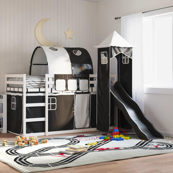 Bunk Bed with Slide and Curtains in White and Black (90 x 200cm) - Little and Giant Explorers vidaXL