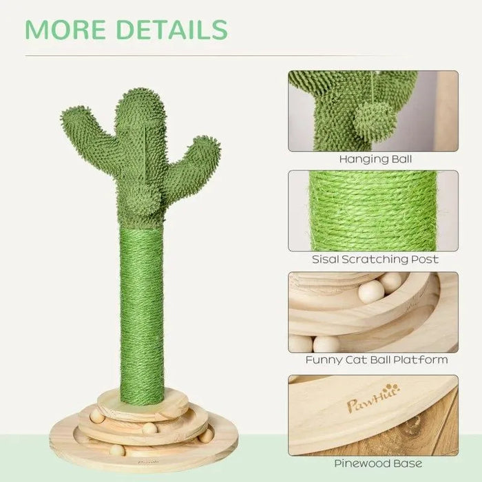 Cactus cat tree with sisal scratching post, hanging ball, wooden platform, and pine base.