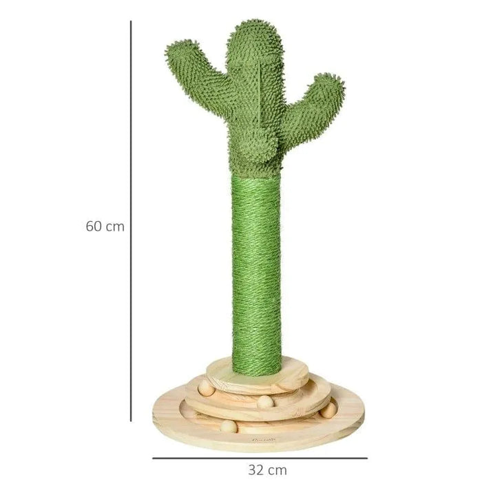 Cactus cat tree with sisal rope, hanging ball, wood base and play platform, 60x32 cm